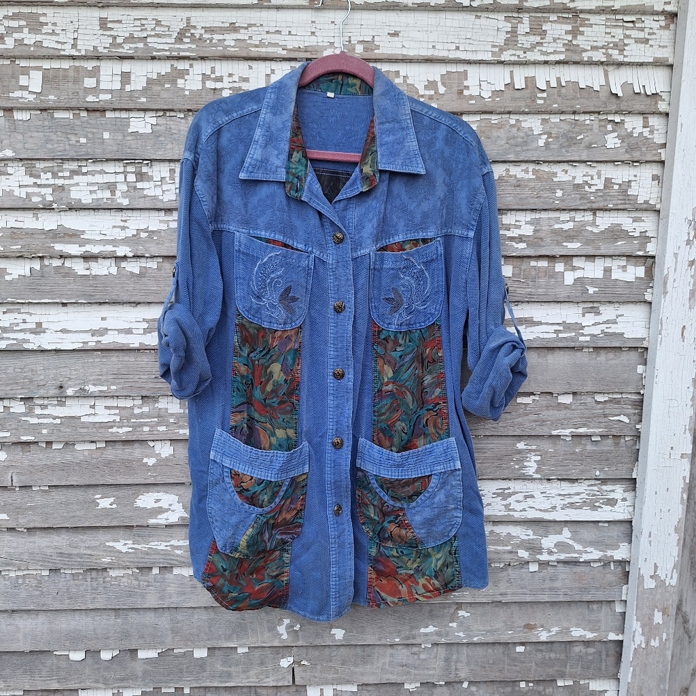 Vintage Blue Denim Top with Multicolor Accents